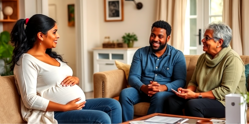 A young Hispanic pregnant woman and her husband interview a middle-aged Black midwife about a homebirth in a welcoming, cozy home setting.