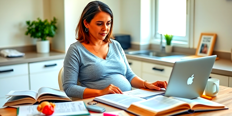 Pregnant woman confidently researching and debunking myths about breech birth.