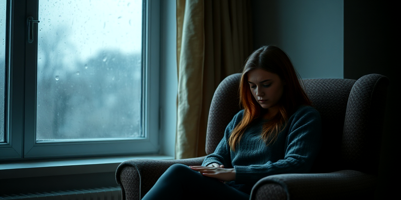 Young woman sitting in an armchair looking depressed on a rainy day.