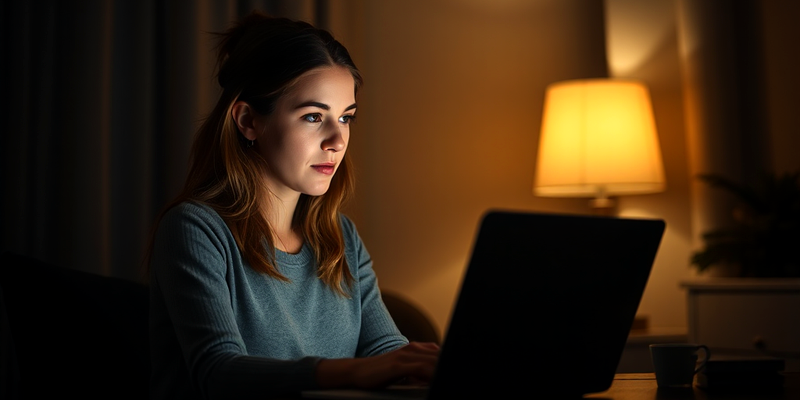 Woman researching birth control alternatives, illuminated by her laptop’s glow in a dark room.