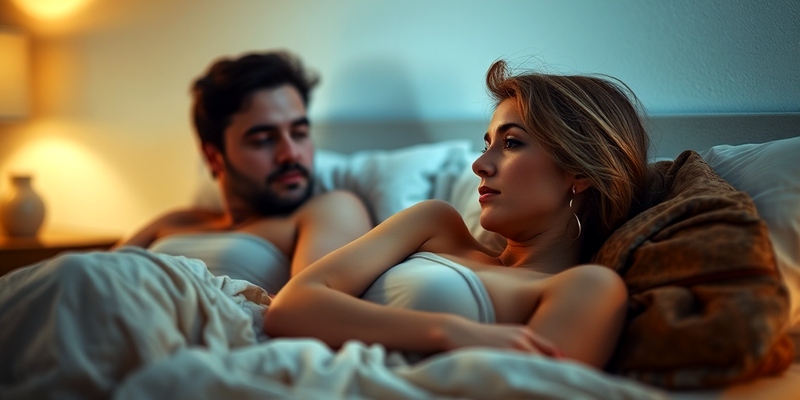 Woman turned away from her partner in bed, symbolizing reduced libido and intimacy challenges.