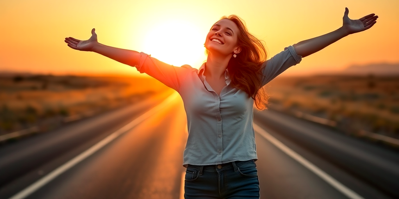 Woman standing joyfully on an open road at sunrise, symbolizing empowerment and new beginnings.