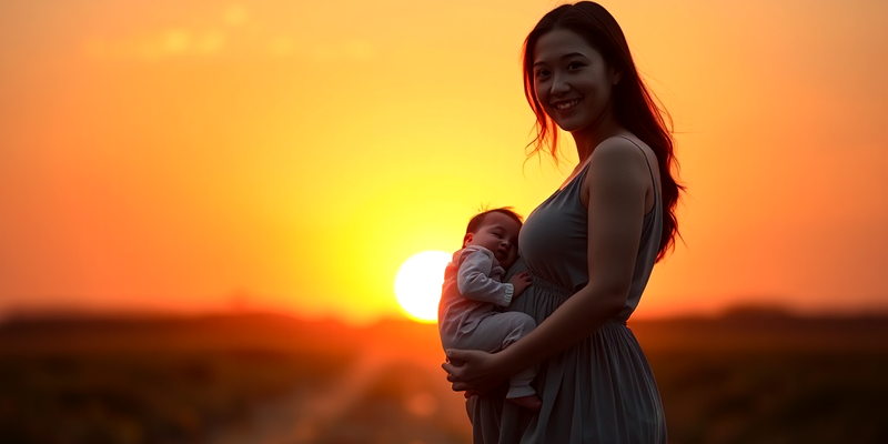 Pregnant woman holding a newborn, walking confidently into a sunset.