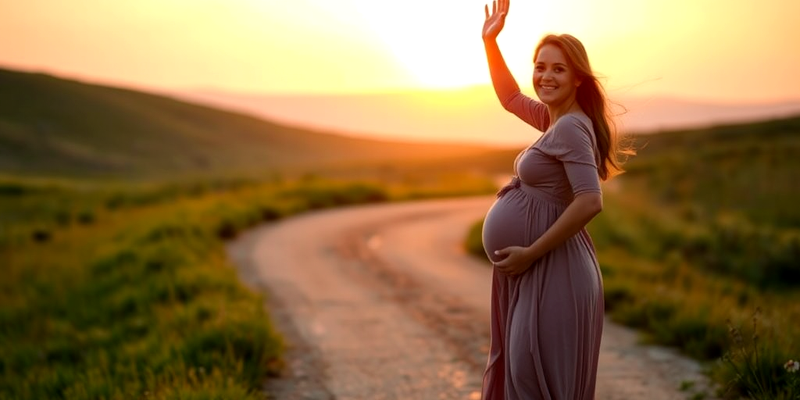 A young pregnant woman on a path toward a sunrise, her hand raised in a joyful gesture, symbolizing healing and reclaiming her birth experience.