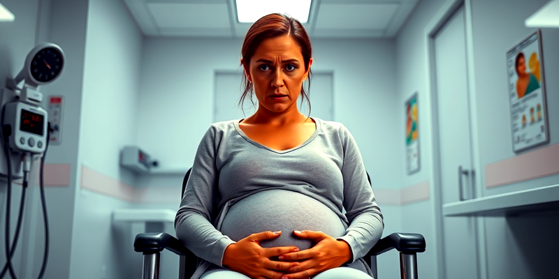 An anxious pregnant woman sitting alone in a sterile doctor's office, feeling vulnerable and uncertain.