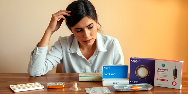 Woman contemplating birth control options, with pills, diaphragm, condoms, and copper IUD on table.