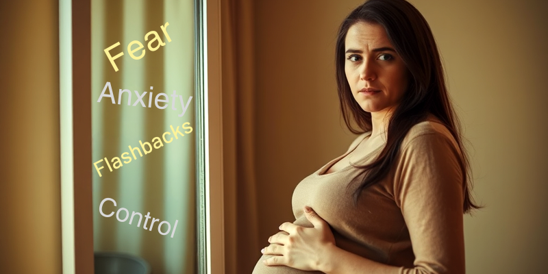 Pregnant woman looking at her reflection in a mirror with words like'Fear' and'Anxiety' subtly appearing, symbolizing hidden trauma triggers during pregnancy.