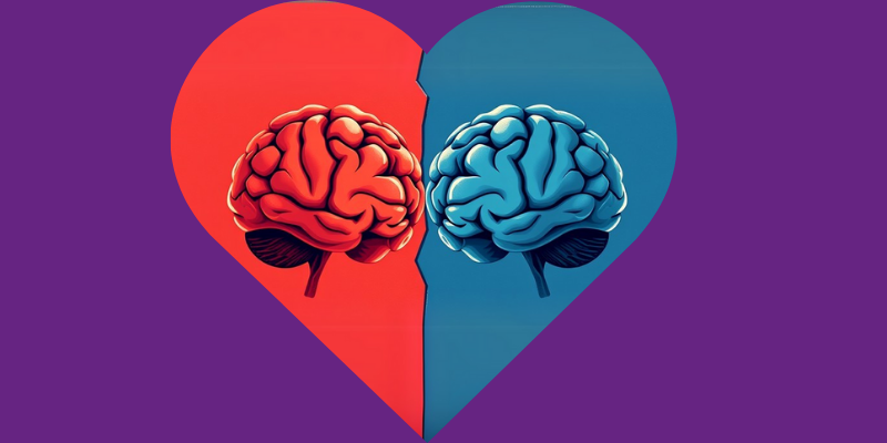 Illustration of two brains, one red and one blue, within a heart shape against a purple background, symbolizing political differences and the potential for family unity.