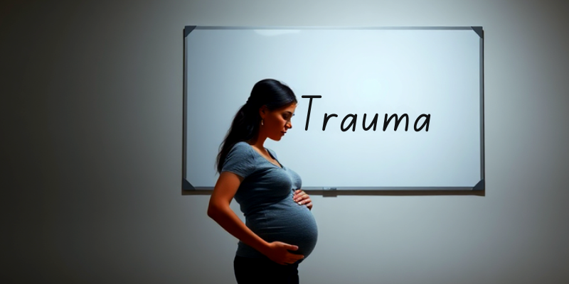 Pregnant woman facing a whiteboard with "Trauma" written in bold, showing fear and vulnerability.