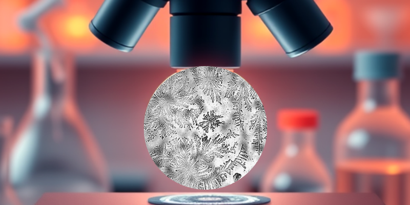 A close-up view of a microscope slide showcasing a detailed ferning pattern, with blurred laboratory equipment in the background.