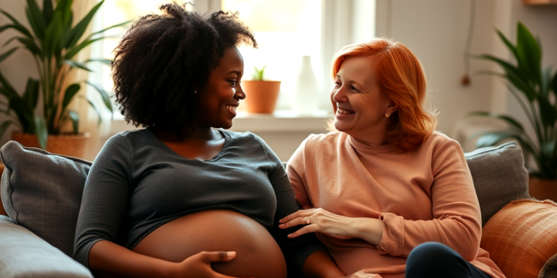 A young pregnant Black woman having a warm, supportive conversation with her midwife in a cozy room, symbolizing trauma-informed care in pregnancy.