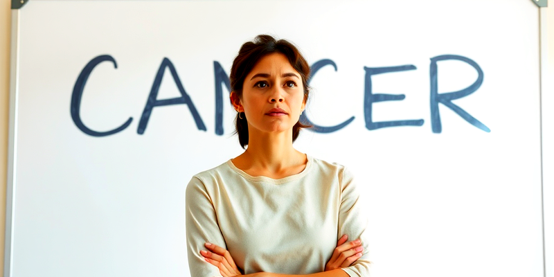 Woman looking concerned at a whiteboard with'CANCER' written in bold letters.