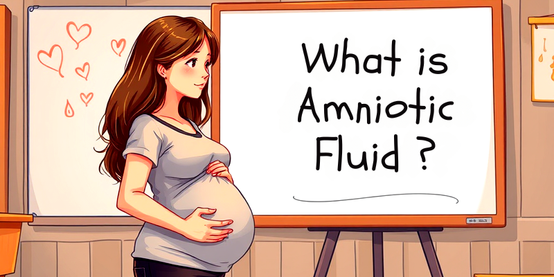 Pregnant woman standing in front of a whiteboard with the text "What Is Amniotic Fluid?" written on it, surrounded by heart doodles, symbolizing curiosity and education about pregnancy.