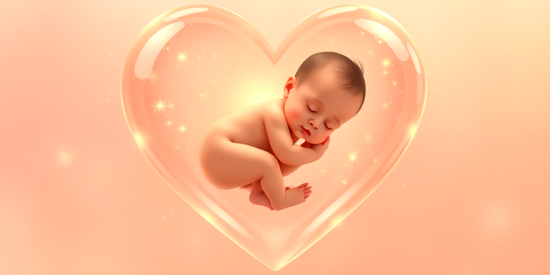 Artistic illustration of a baby floating peacefully inside a glowing heart-shaped bubble, symbolizing the love and protection of amniotic fluid.