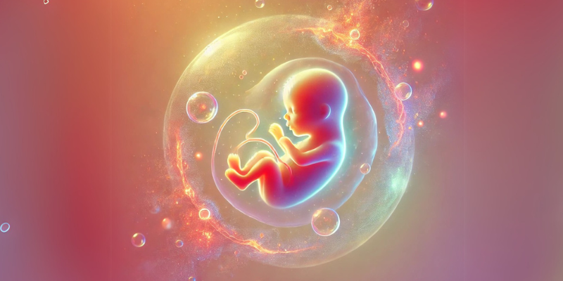 Artistic illustration of a baby floating serenely in a glowing womb, surrounded by amniotic fluid, symbolizing the importance of a nurturing prenatal environment.