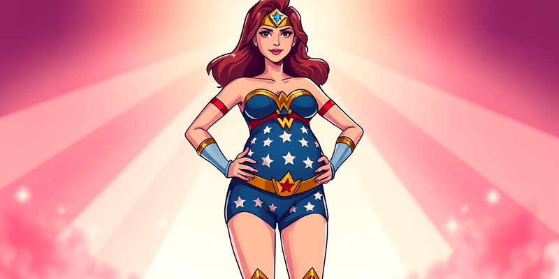 A pregnant woman dressed as a superhero, standing confidently with hands on her hips, radiating empowerment and strength.