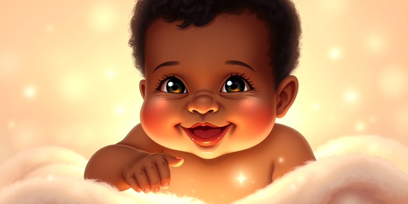 A radiant, smiling baby glowing with soft light and surrounded by a cozy, dreamy atmosphere.