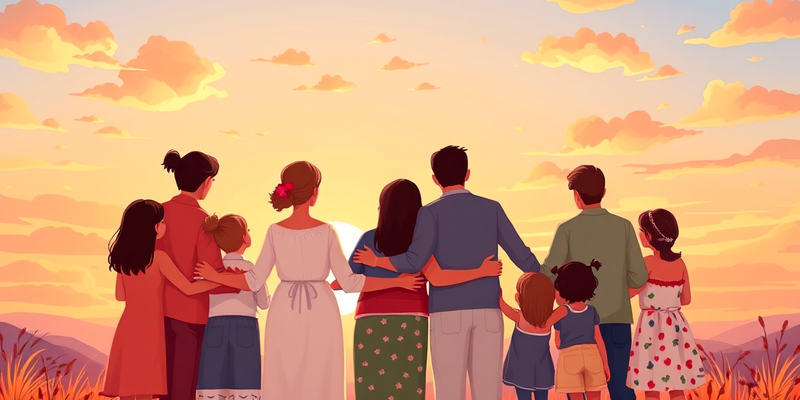 A diverse family standing together at sunset, embracing and appreciating each other in a serene outdoor setting