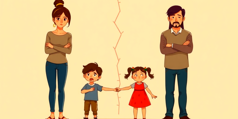 A separated mother and father with crossed arms and sad expressions, standing apart with a visible crack between them, while their two confused children hold hands in the center.