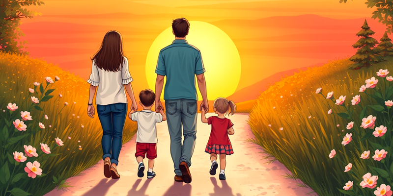 A loving family walking hand-in-hand down a path toward a glowing sunset, symbolizing unity and hope after divorce.