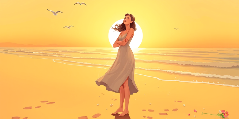 A serene woman stands barefoot on a beach at sunset, radiating hope and joy as she embraces gratitude, with golden sunlight reflecting gentle waves.