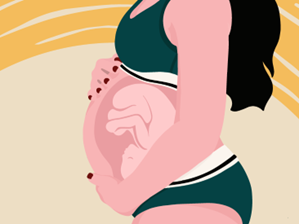 Illustration of a pregnant woman in a side profile showing a baby inside her womb, symbolizing the journey and anticipation of childbirth.