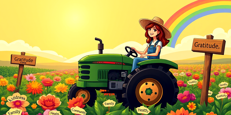 A cheerful female farmer driving a green tractor through a vibrant field of gratitude-themed plants labeled with words like "Kindness," "Family," and "Health," under a bright sky and rainbow.