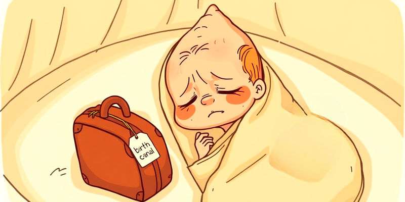 A newborn baby with a cone-shaped head, wrapped in a blanket, resting next to a suitcase labeled "birth canal."