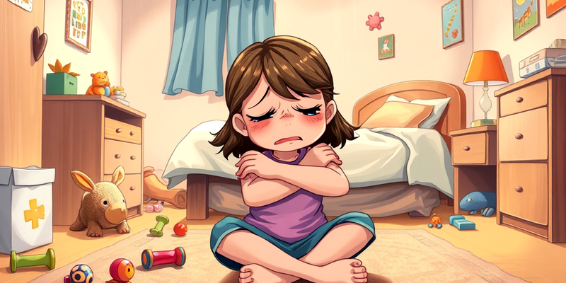 A young girl sitting on the floor of her bedroom, arms crossed, crying amidst scattered toys, symbolizing the emotional impact of divorce on children.