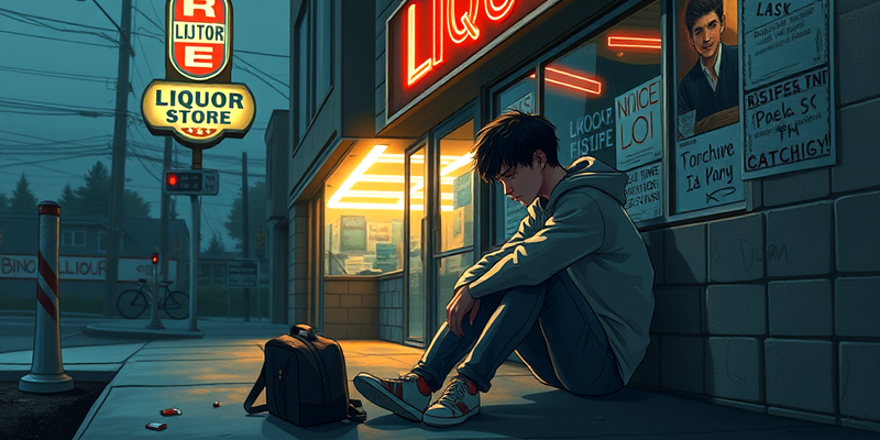 Young man sitting on a sidewalk outside a liquor store, reflecting sadness and hopelessness.