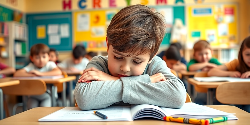 A sad young boy resting his head on his desk in a colorful classroom, struggling to focus on his schoolwork.