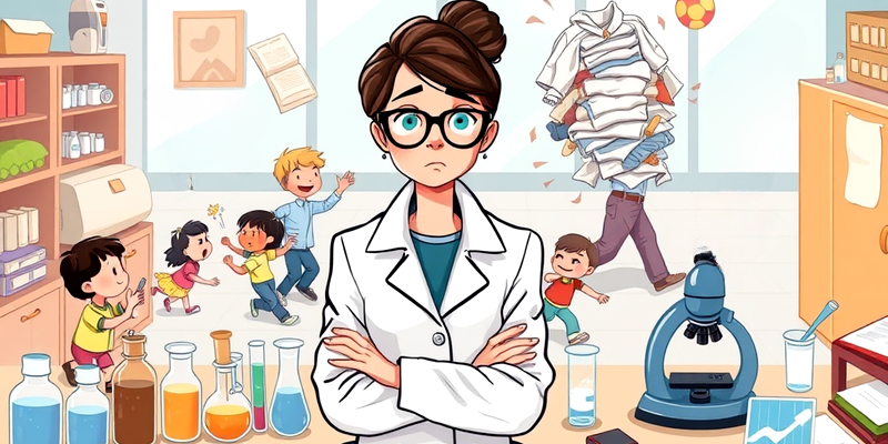 A young female scientist in a lab coat looks puzzled at her desk filled with scientific equipment, while chaotic family activities unfold in the background, blending science and everyday life.