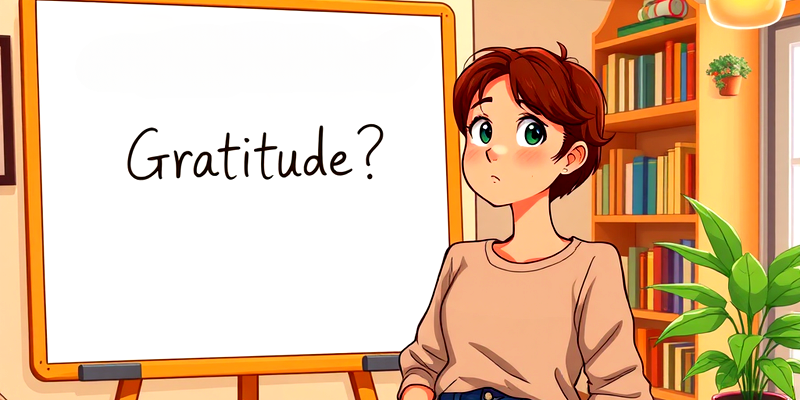 A young woman stands in front of a whiteboard with "Gratitude?" written on it, looking thoughtful in a cozy room filled with books and plants.