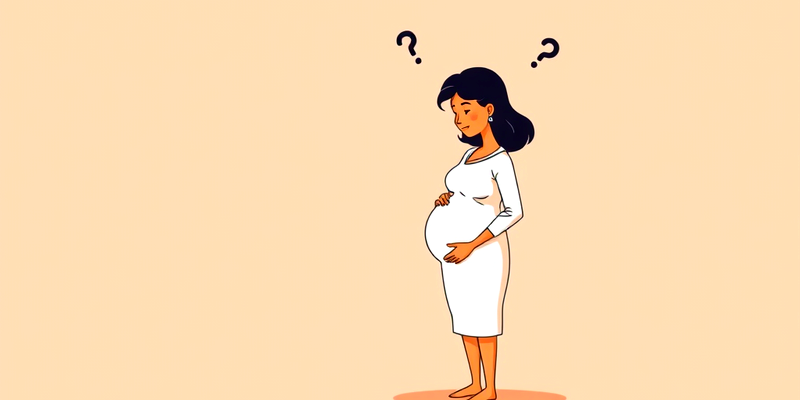 A pregnant woman looking thoughtful with question marks above her head, symbolizing uncertainty about her baby's position.