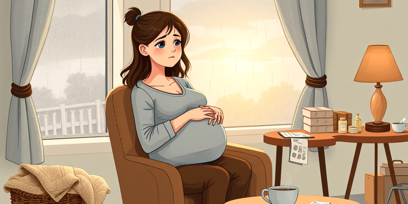 A pregnant woman sits in a cozy room, gazing out a rain-streaked window with a mix of contemplation and worry, surrounded by subtle signs of life's challenges and hope.