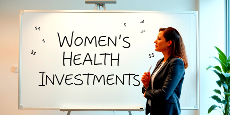 Professional woman analyzing a whiteboard with the words "Women’s Health Investments" and dollar symbols, symbolizing financial planning and innovation in women’s healthcare.