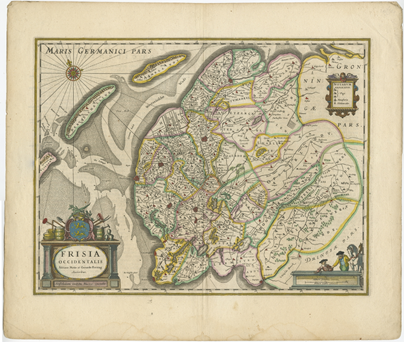 1643 antique map of Friesland, Netherlands, detailing the region where Catharina Schrader practiced midwifery, with historical landmarks and geographical features.