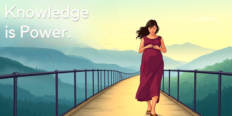 Illustration of a pregnant woman walking on a bridge towards mountains, symbolizing empowerment through knowledge in childbirth, with text "Knowledge is Power."