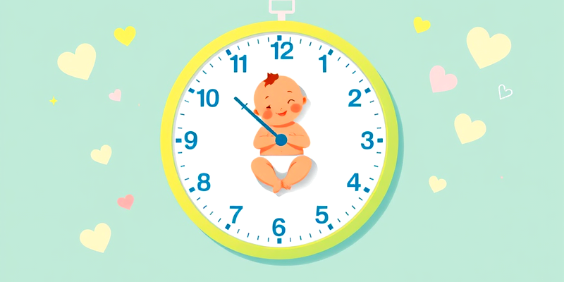 Illustration of a baby sitting inside a clock, with the clock's hands pointing to the importance of timing in childbirth, relating to delayed cord clamping.