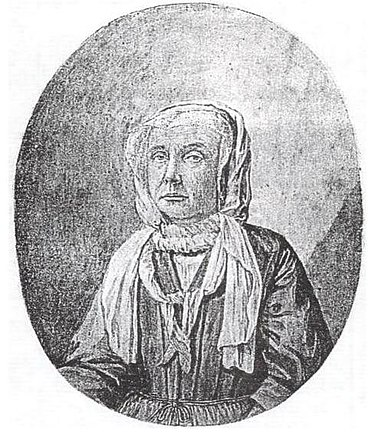 Black and white illustration of Catharina Schrader, a Dutch midwife, depicted in traditional attire with a headscarf, reflecting her historical significance.