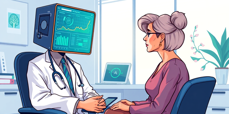 Illustration of a doctor with a computer screen head consulting with a menopausal woman in a modern office, highlighting AI in cognitive health