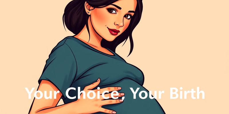 Illustration of a pregnant woman in a green shirt, hand on belly, symbolizing informed choice in childbirth with text "Your Choice, Your Birth"