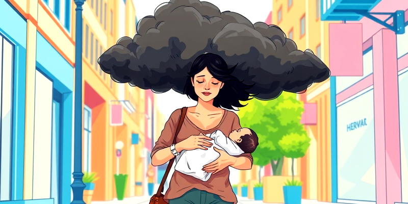 Illustration of new mother with baby and dark cloud symbolizing postpartum depression on city sidewalk