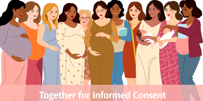 Illustration of diverse women, some pregnant, some holding babies, standing together in unity, symbolizing support for informed consent in childbirth, with text "Together for Informed Consent"