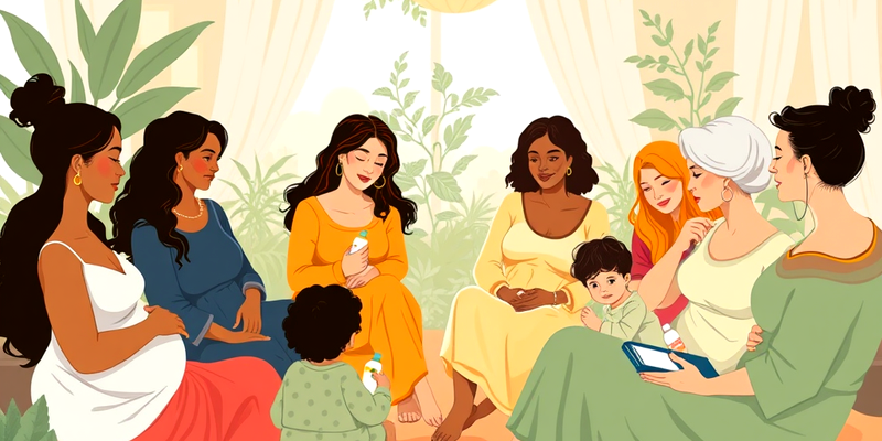 Illustration of a diverse group of women in a circle sharing stories about childbirth, symbolizing the impact of real-life experiences with delayed cord clamping.