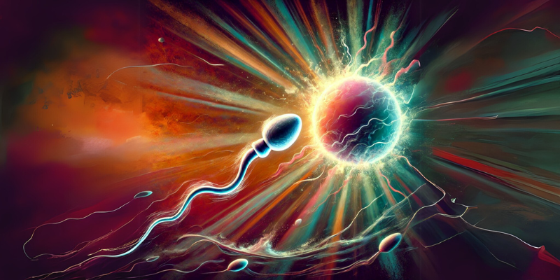 Illustration of a sperm and egg in a dynamic struggle, symbolizing the challenges of conception.