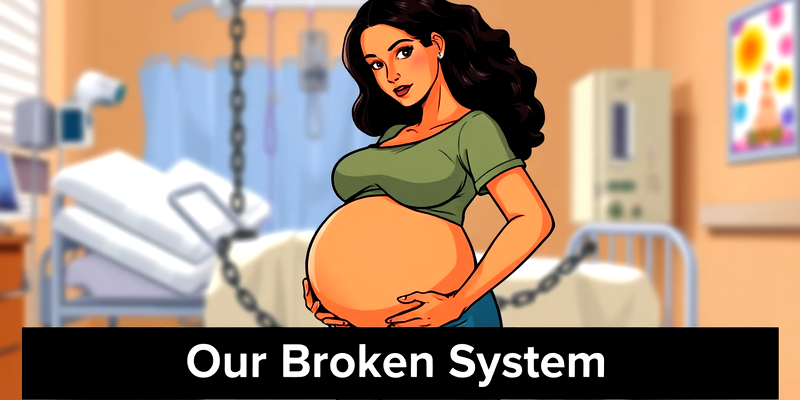 Illustration of a pregnant woman breaking free from chains in a hospital room, symbolizing resistance against restrictive childbirth practices, with text "Our Broken System"