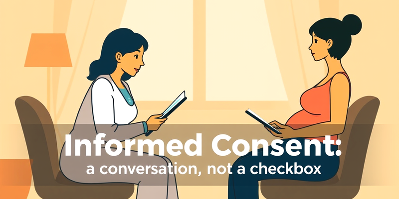 Illustration of a midwife and pregnant woman discussing informed consent, both holding tablets, with text "Informed Consent: a conversation, not a checkbox"