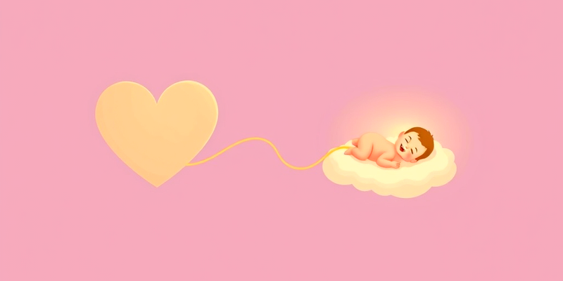 : Illustration of a heart-shaped placenta connected to a joyful baby lying on a cloud via an umbilical cord, representing the benefits of delayed cord clamping.