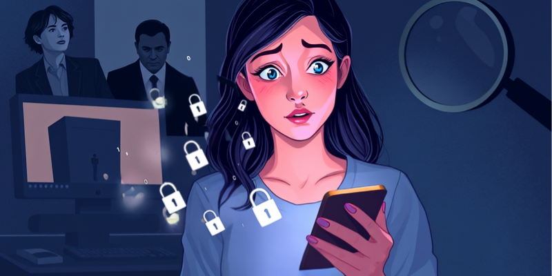 Illustration of a concerned woman holding her smartphone as data, represented by floating padlocks and digital streams, leaks from her screen while shadowy figures watch from a computer monitor.